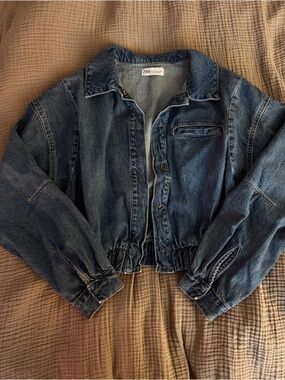 Dark Wash Cropped Denim Bomber Jacket